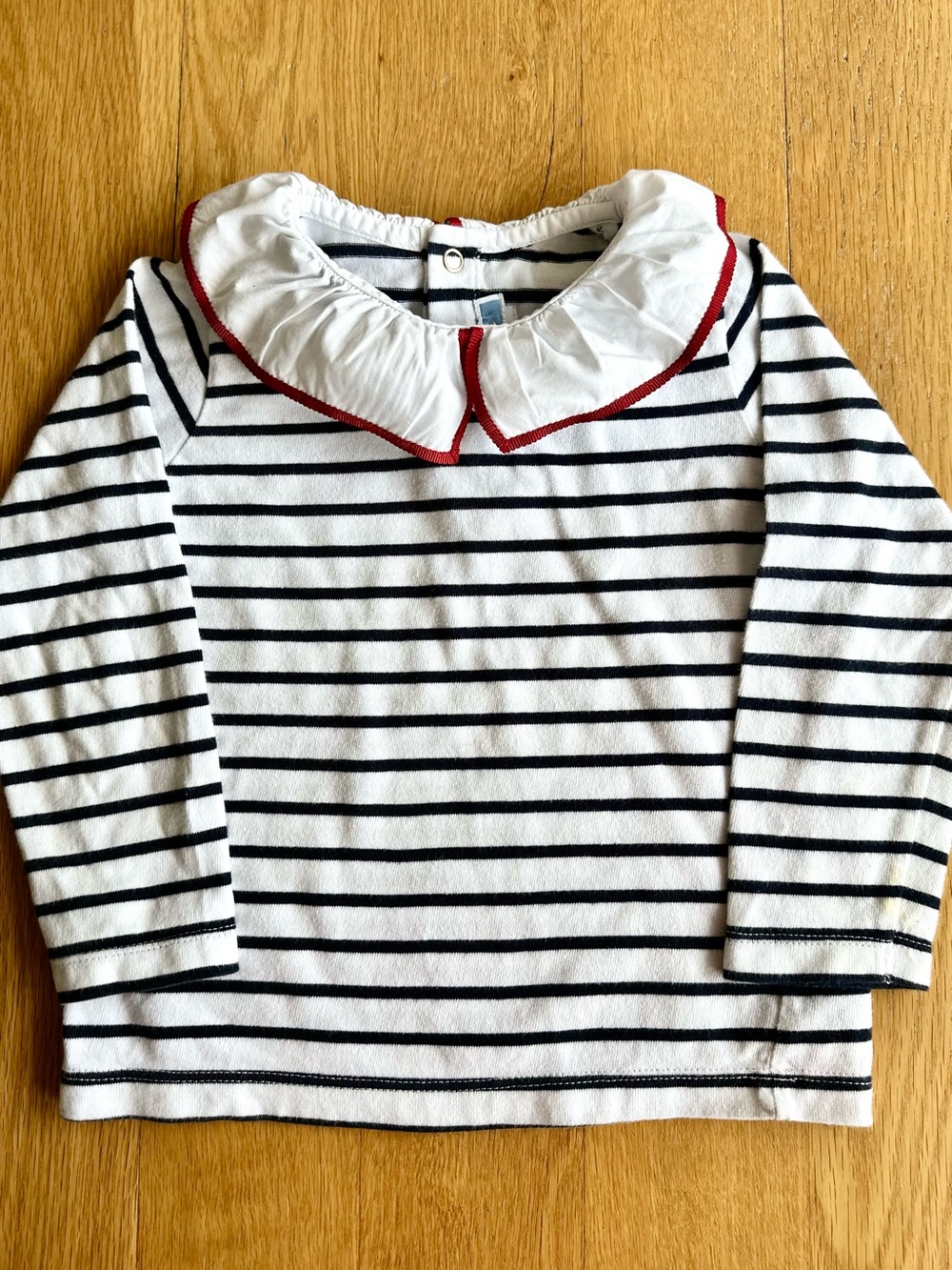 Jacadi White & Black Striped Long-Sleeve Top with Red-Trimmed Peter Pan Collar